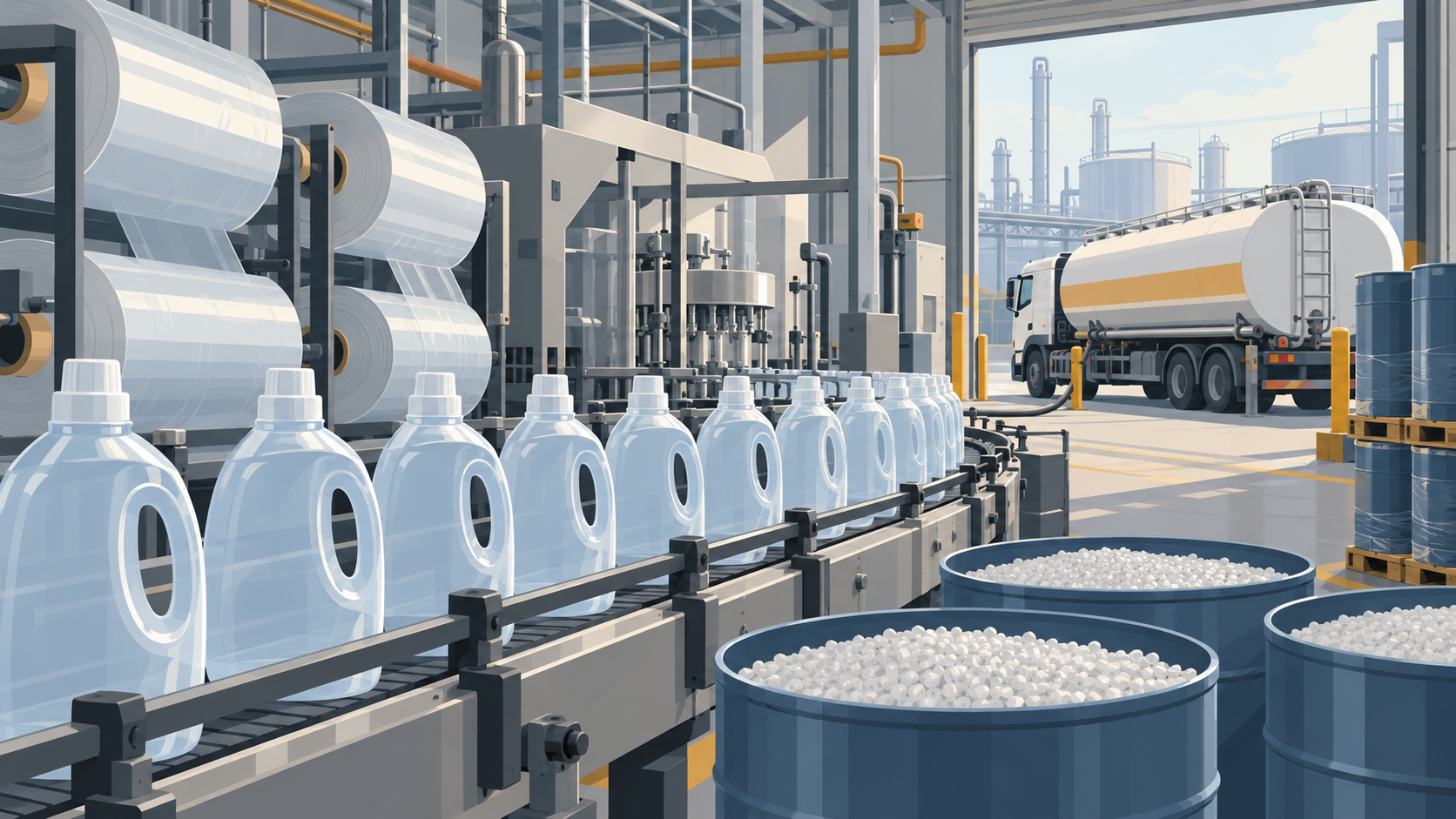 Detergent bottles on a factory conveyor beside resin drums and plastic film, with a fuel tanker at the loading dock.