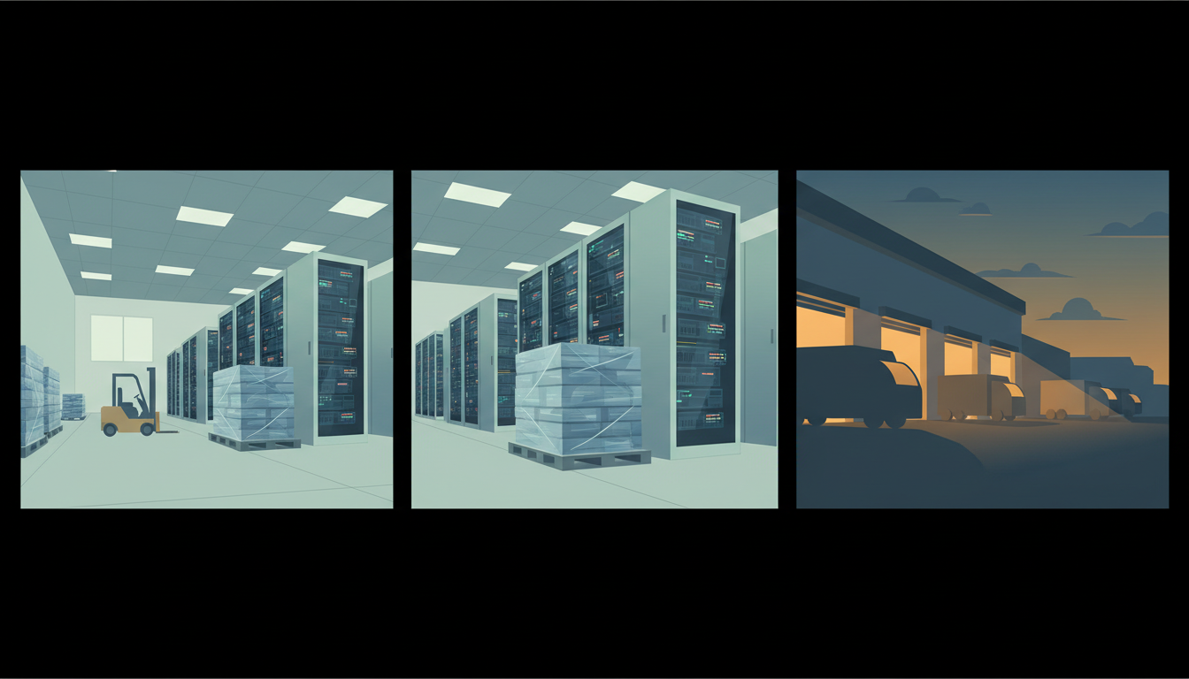 A warehouse aisle lined with stacked pallets of computer hardware and server racks, with trucks waiting at a loading dock.