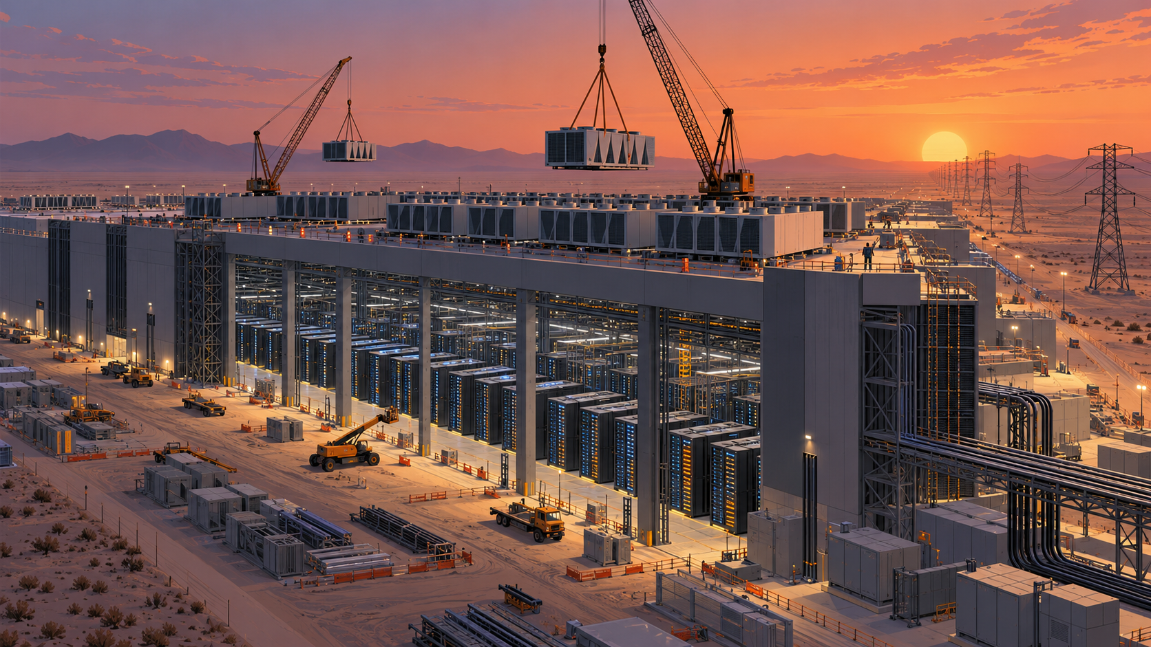 A large data centre being built in the desert at dusk, with cranes, server racks and power lines.
