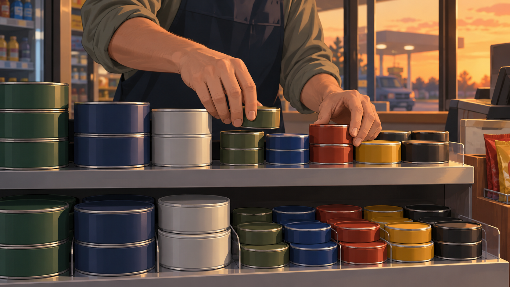 A shopkeeper restocks a convenience-store shelf with plain, unmarked round pouch cans, placing larger cans beside smaller ones.