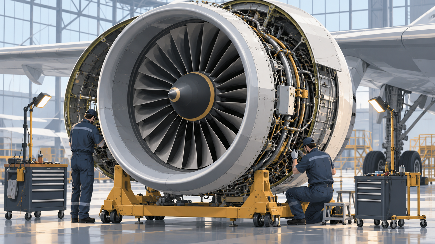 A jet engine on a stand in a repair hangar, surrounded by inspection tools.
