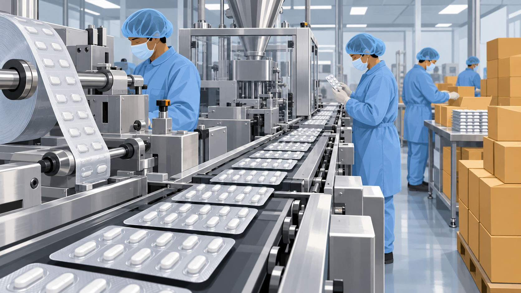Workers in protective gowns tend a tablet-packing line in a pharmaceutical plant.