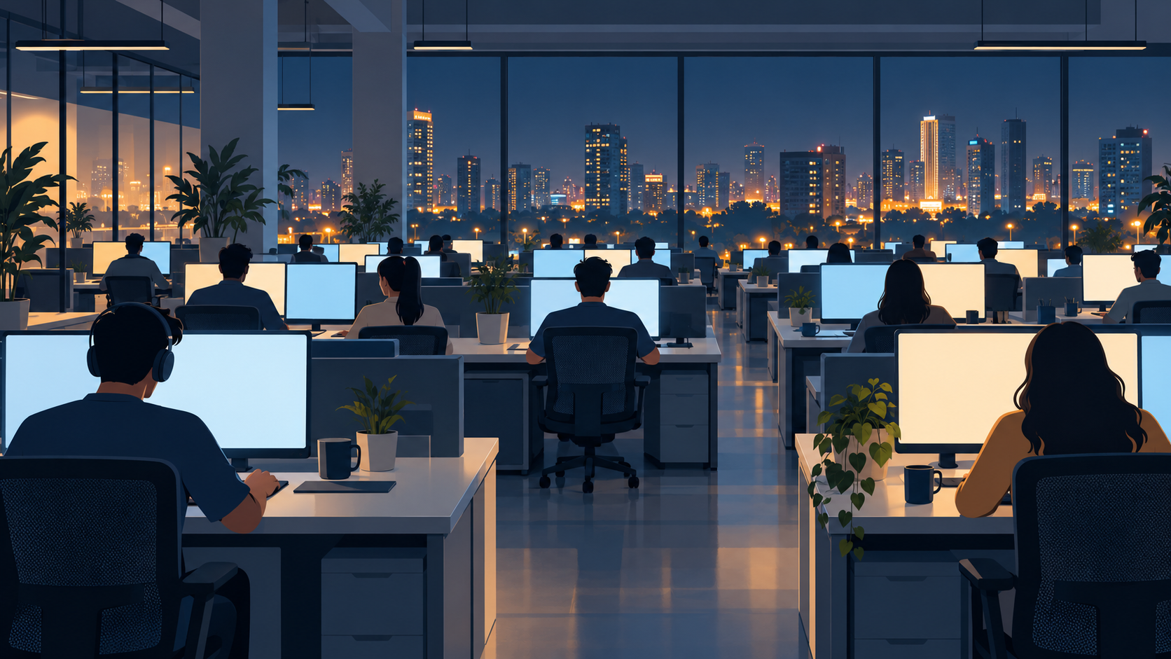 Engineers working late at rows of desks on a large software delivery floor, with city lights visible through a wide window.