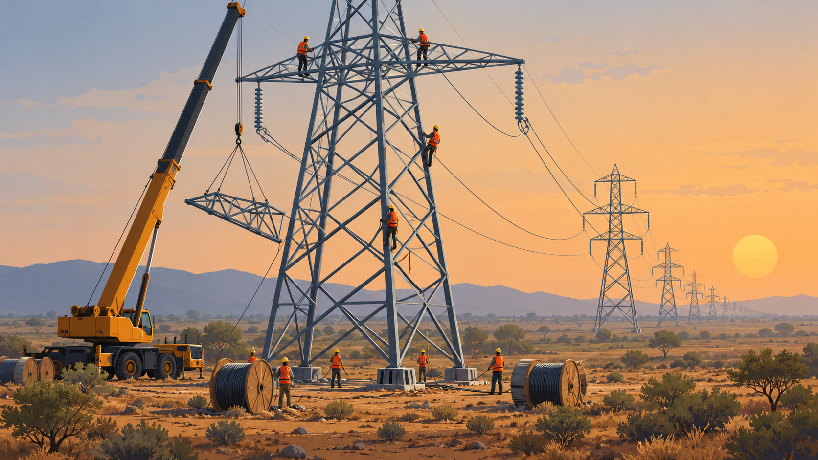 Workers assemble a high-voltage transmission tower on dry scrubland, with a line of finished towers in the distance.