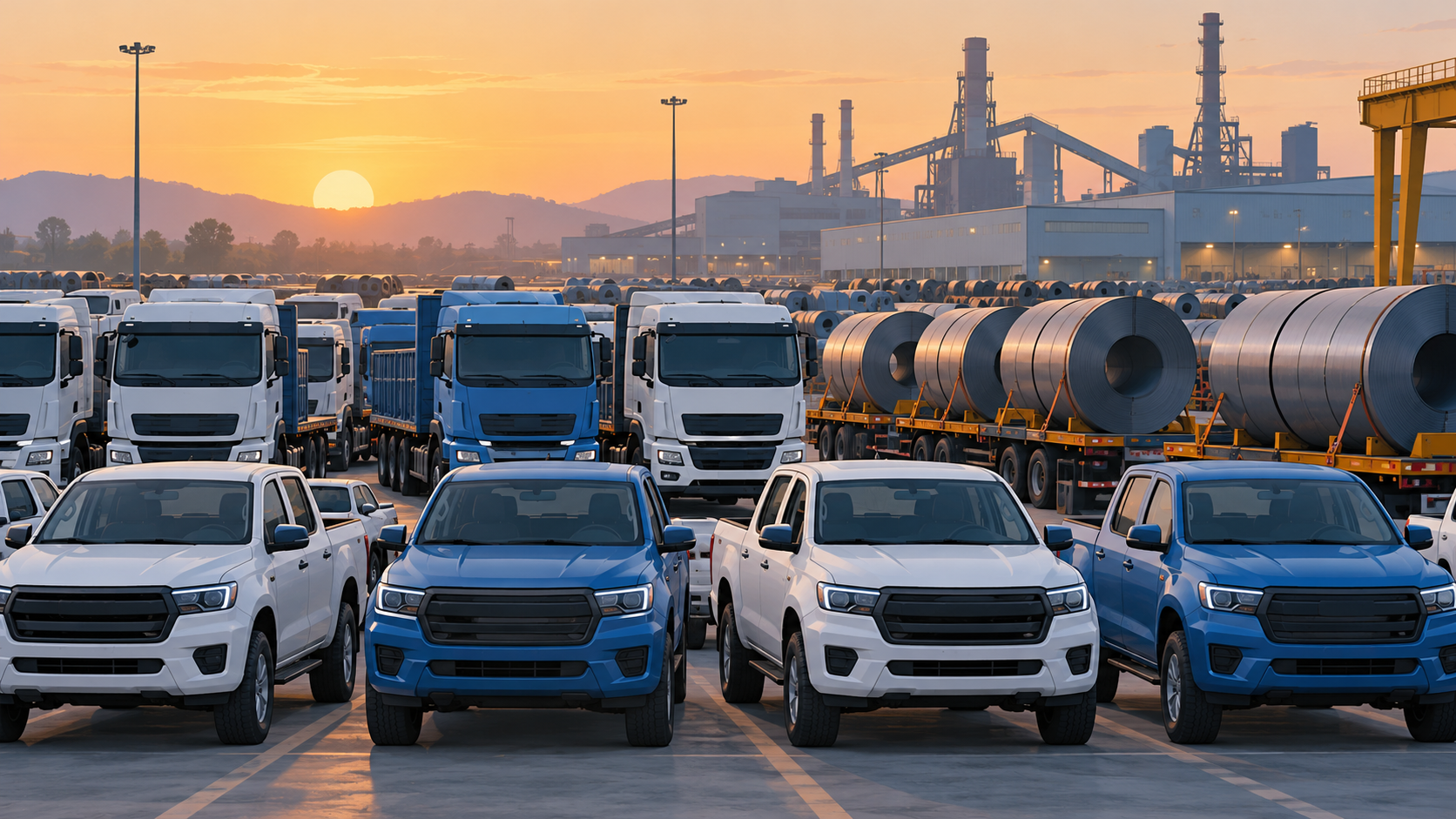 Rows of new unmarked trucks and pickups at a factory yard with coils of steel stacked nearby.