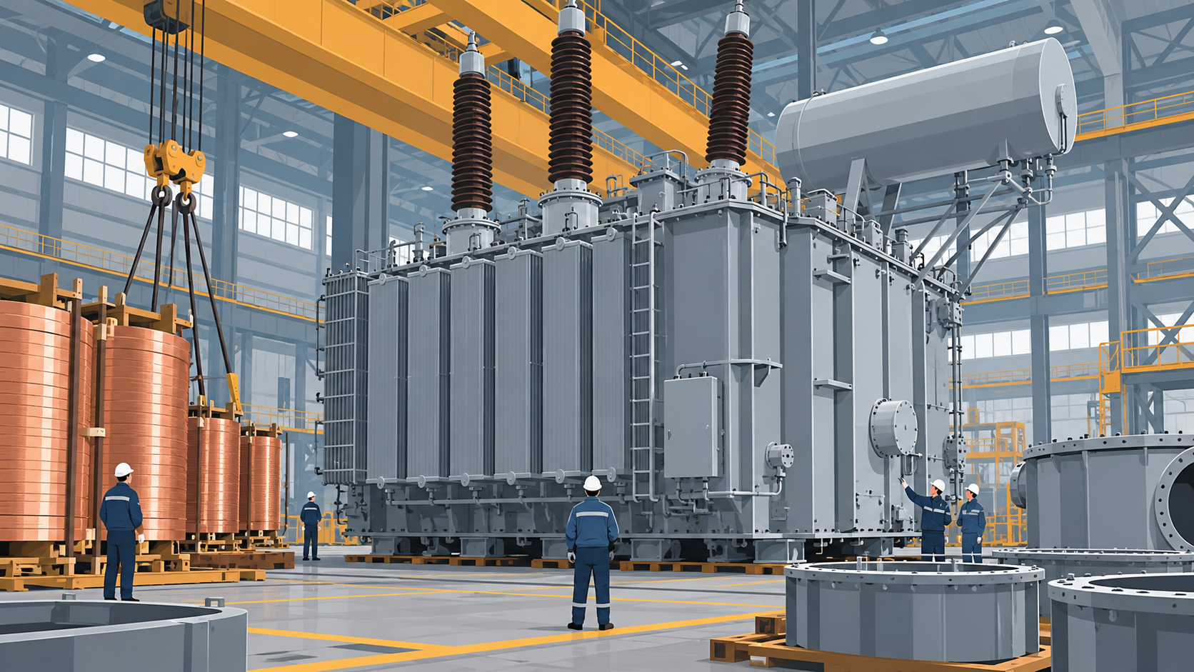 A large power transformer under assembly on a factory floor, with an overhead crane and workers beside it.