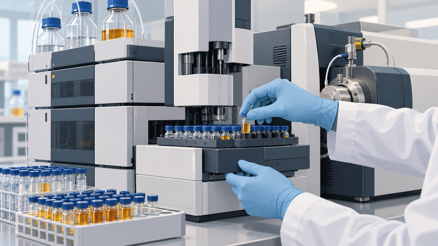 Gloved hands load a sample vial into an analytical instrument on a laboratory bench.