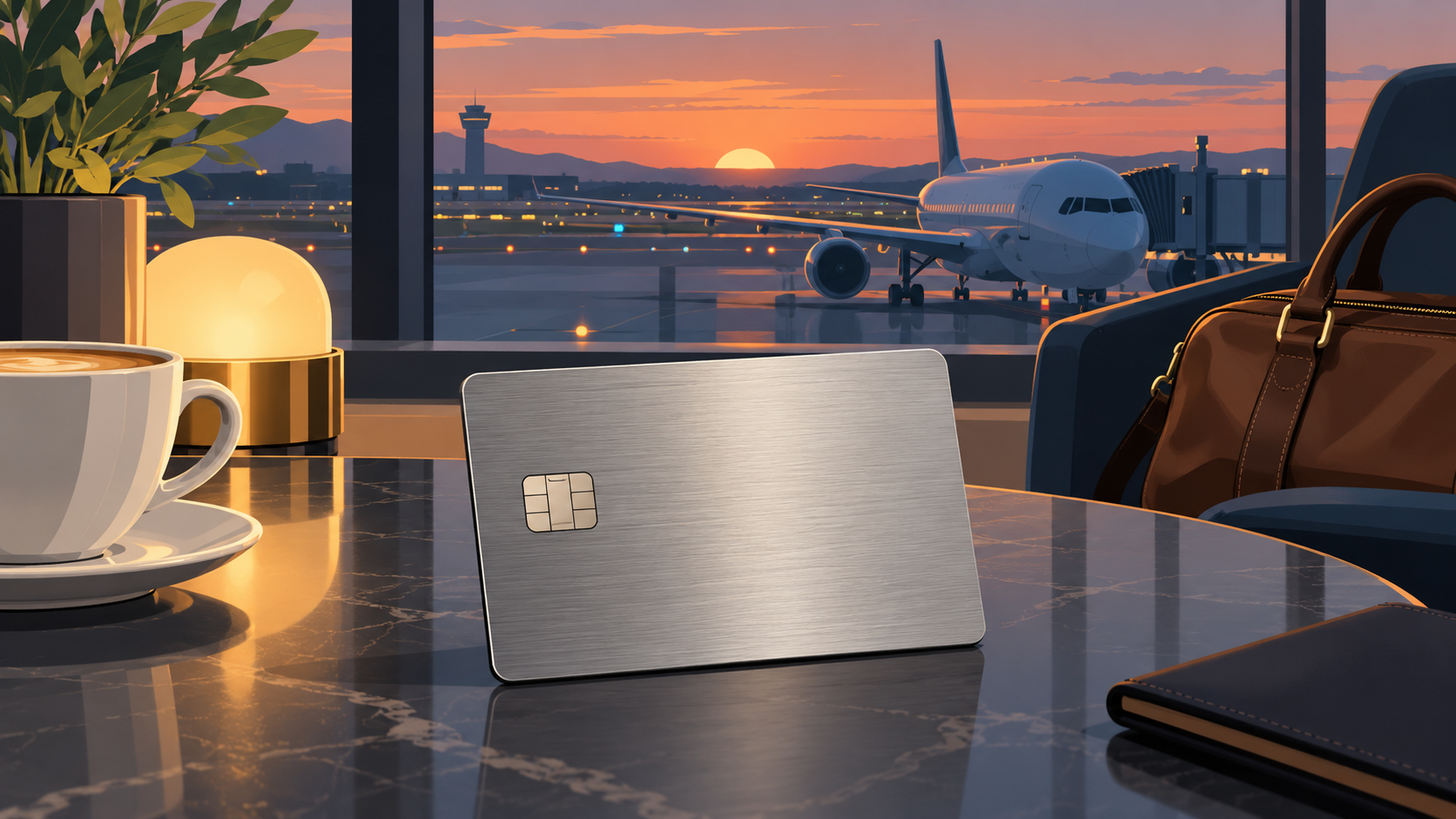 A metal charge card on a table in an airport lounge, with an airliner parked outside the window at dusk.