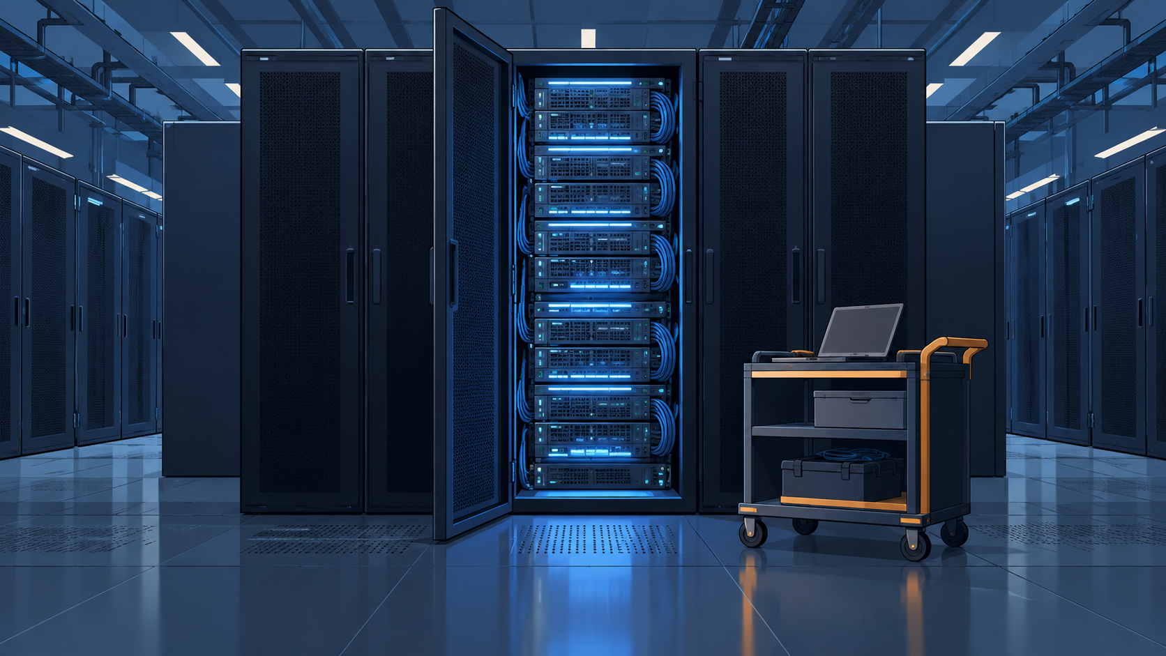 Rows of mainframe computer cabinets in a dim data centre, one open to show its processor drawers.