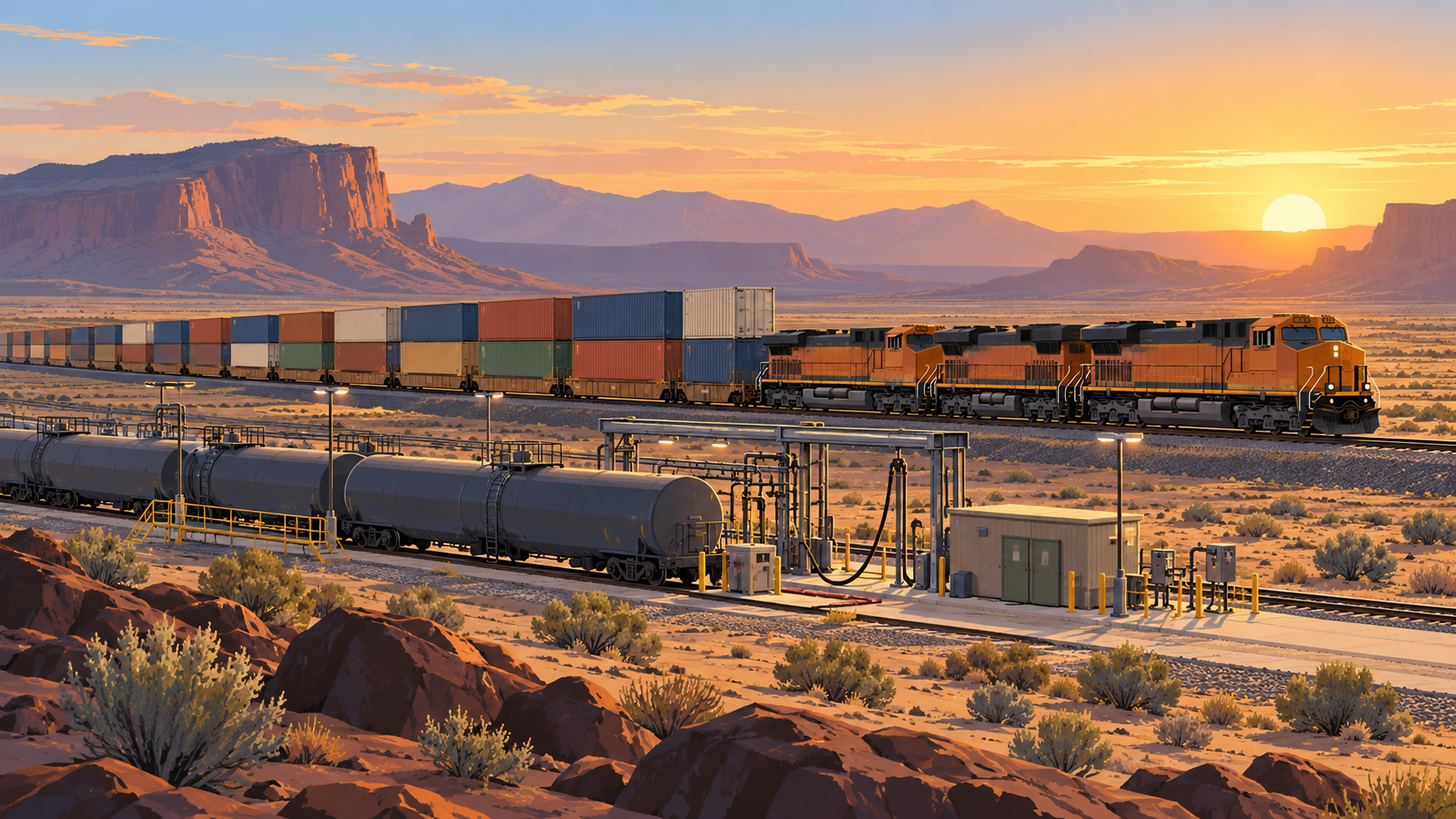 A long container train led by diesel locomotives crosses a desert plain at dawn past a trackside fuelling station.