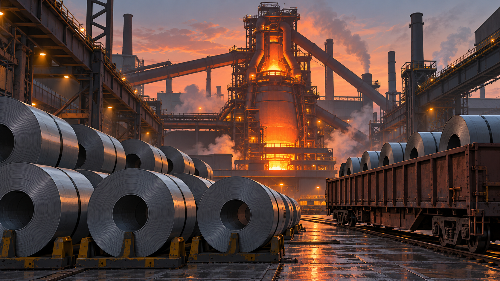 A blast furnace glows behind stacks of rolled steel coils and a rail wagon loaded with coils inside a steel plant.