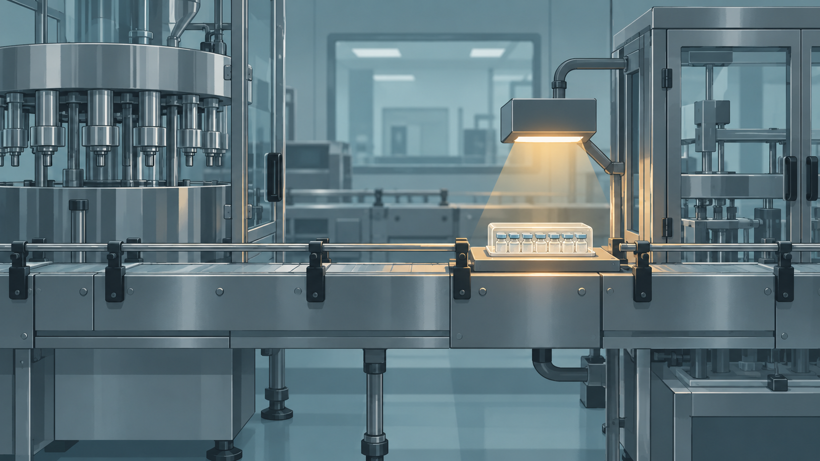 An empty, idle filling line in a pharmaceutical clean room with one sealed sample tray waiting under a lamp.