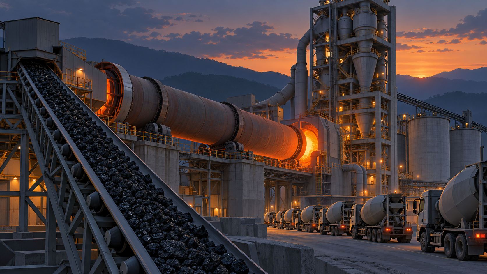 A cement kiln glows at dusk as coal is carried in on a conveyor and trucks wait to load.