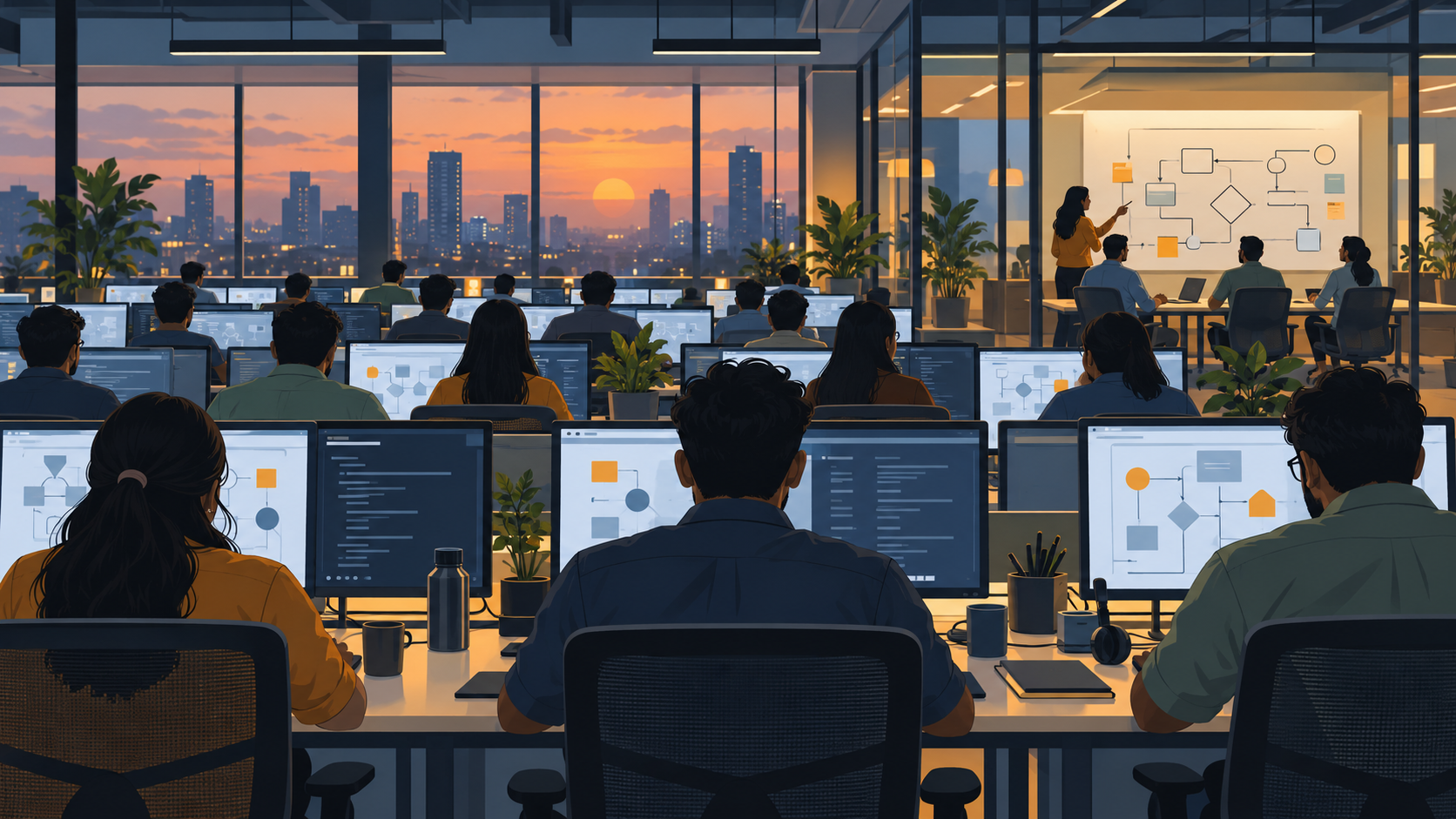 Engineers working at rows of desks in a large software delivery office as evening light fades outside.
