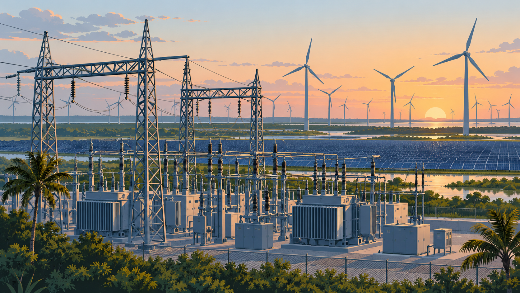 An electrical substation in Florida with transmission towers, and wind turbines and solar panels on the flat land behind it at dawn.