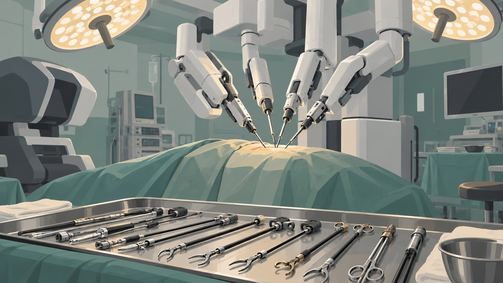 A surgical robot with several arms beside an operating table, with a tray of robotic instruments in the foreground.