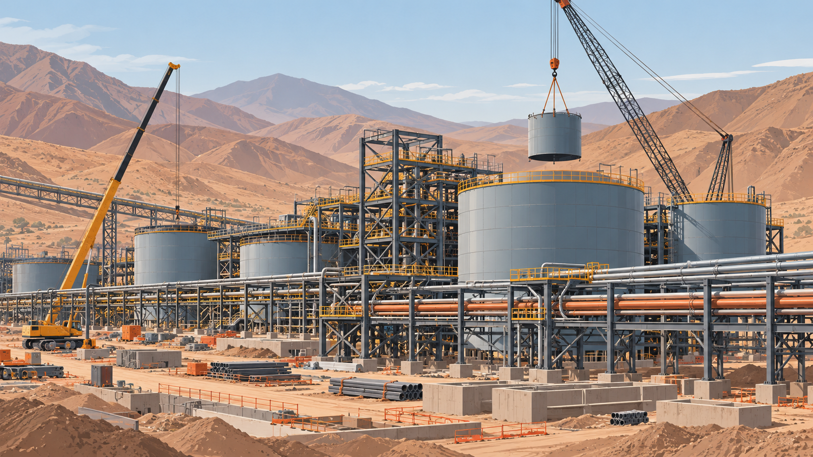 An illustration of a copper processing plant under construction in a desert valley, with cranes and steel tanks.