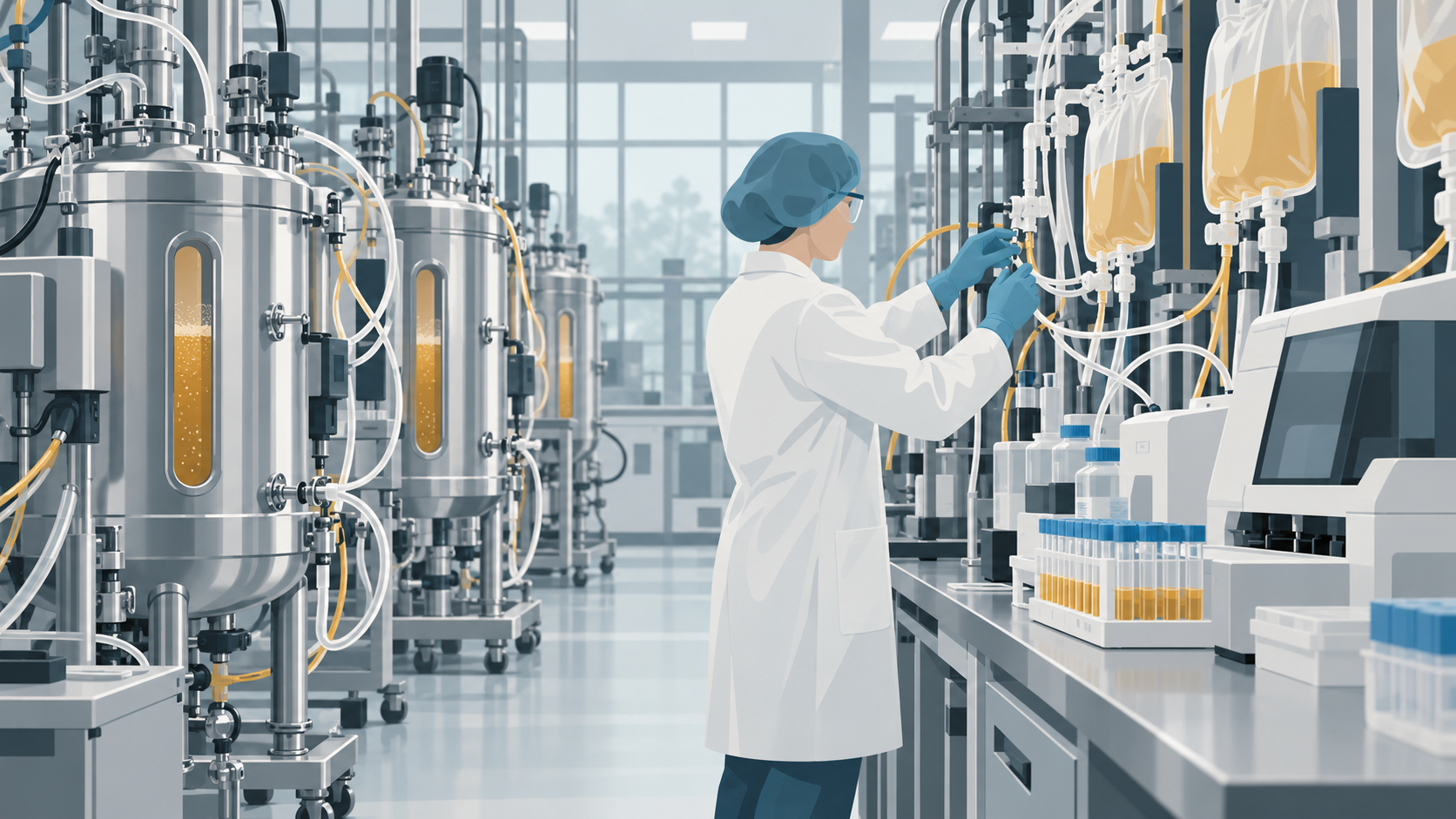 A technician checks tubing beside steel bioreactors and a diagnostic analyser in a bright laboratory.