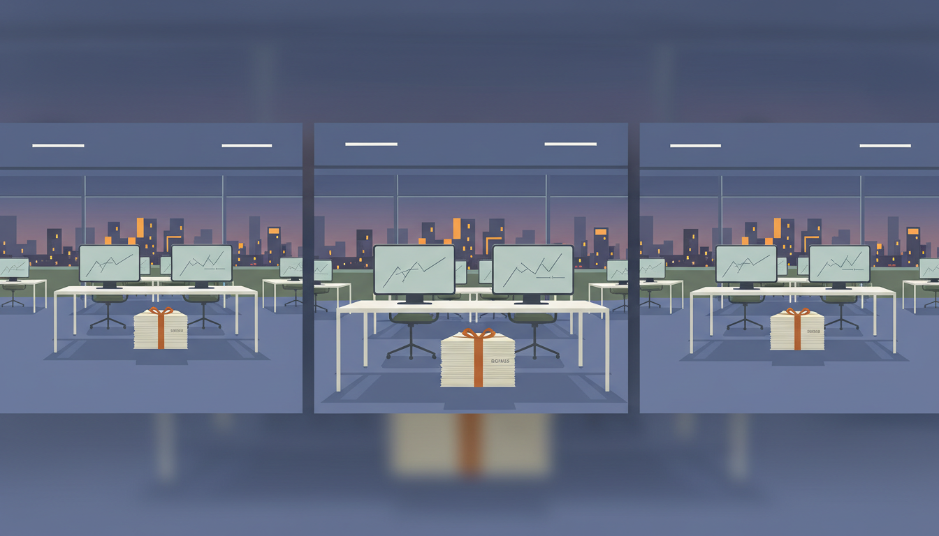 An empty open-plan data office at dusk with a stack of envelopes on one desk.