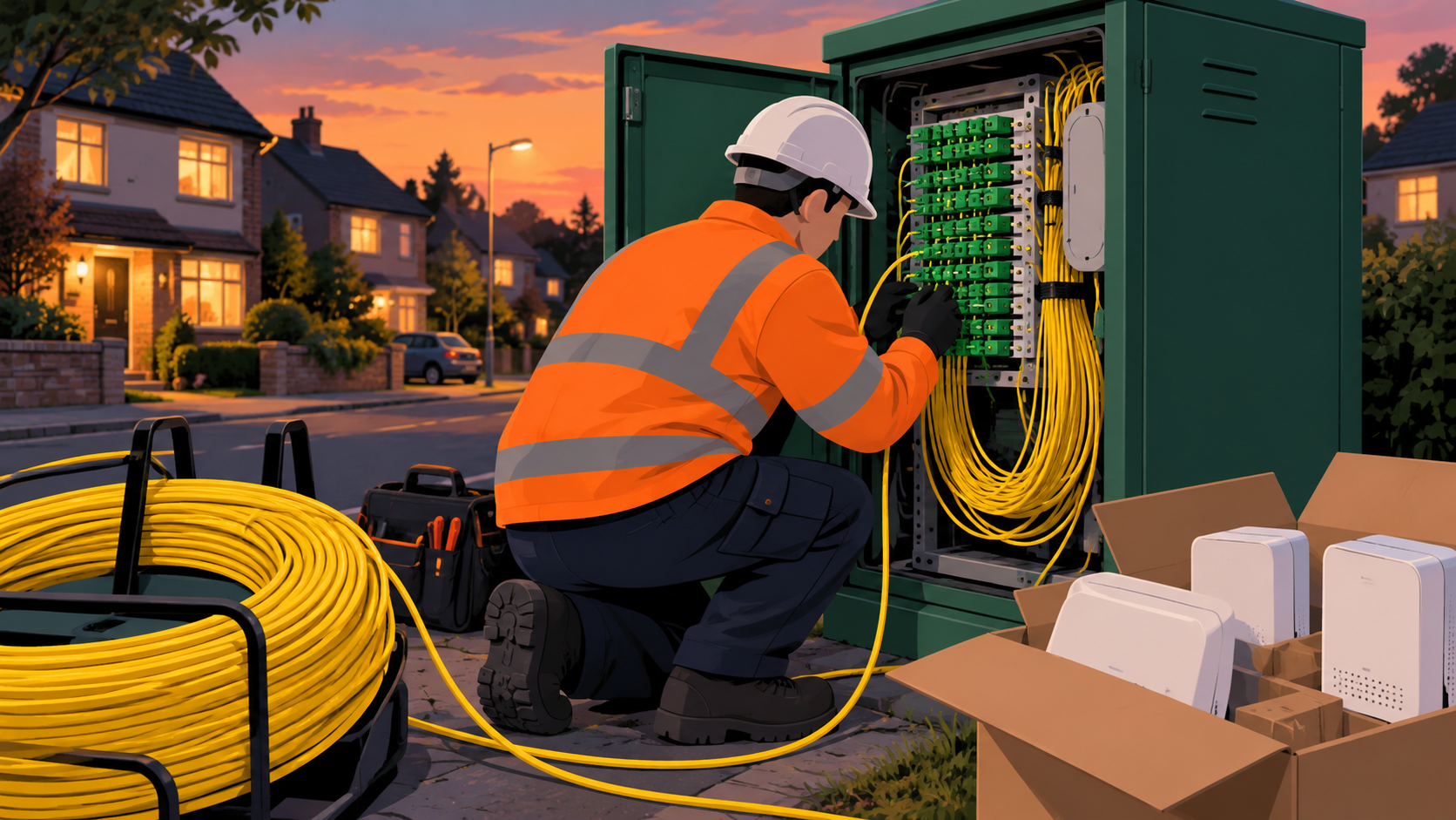 A technician works at an open street-side fiber cabinet at dusk, with cable coils and boxed home internet gateways beside them.