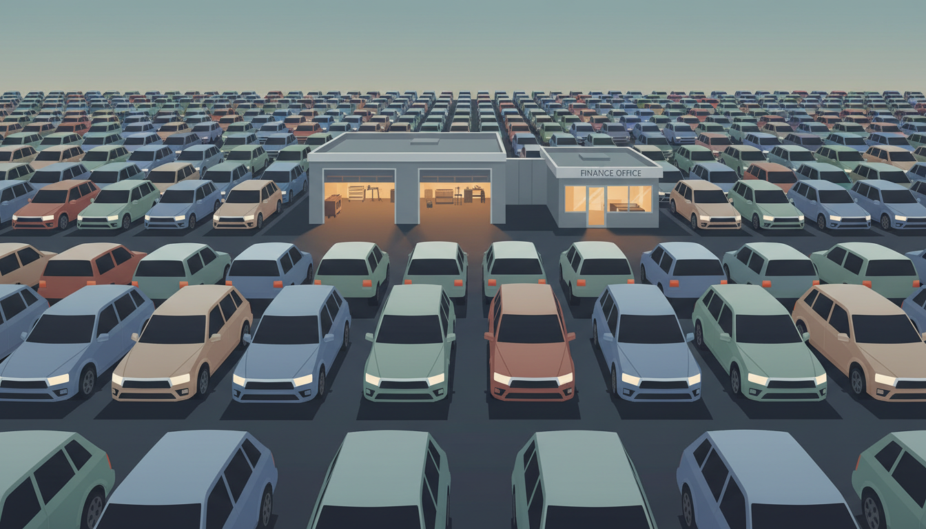 A used-car lot at dusk with rows of parked cars, a service bay and a lit finance office.