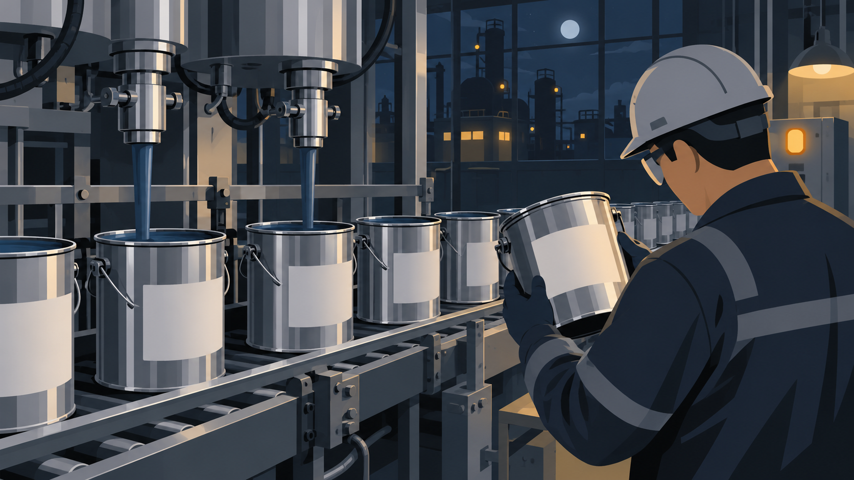 Pails of paint on a conveyor in a coatings plant
