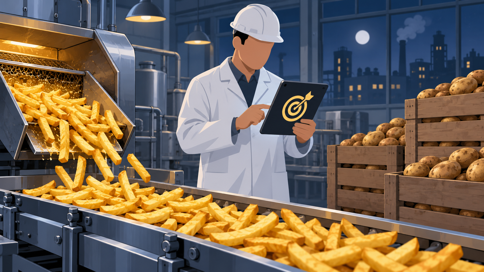 Golden french fries moving along a factory conveyor belt while a plant manager checks a tablet beside crates of potatoes.