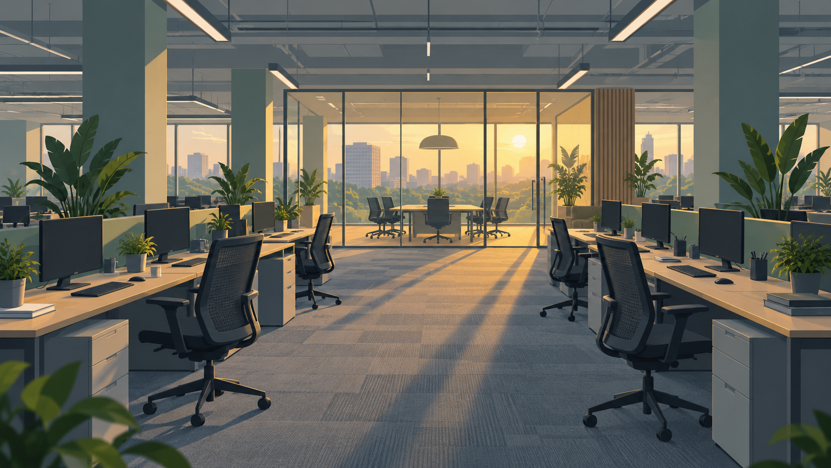 An open-plan office floor with rows of desks and monitors and a glass meeting room at the far end.