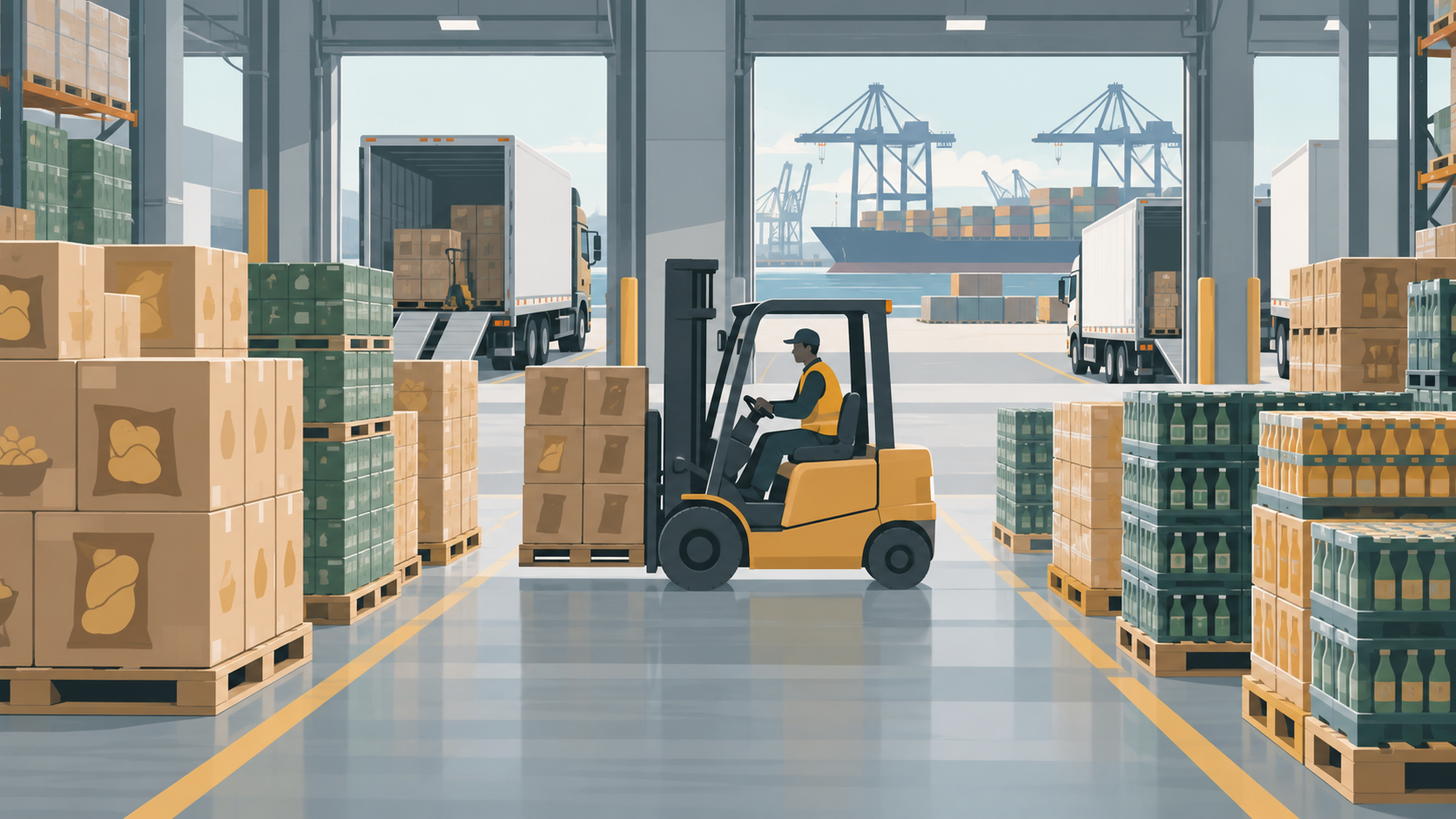 A distribution warehouse holding stacked snack cartons and drink crates, with a forklift and loading docks.