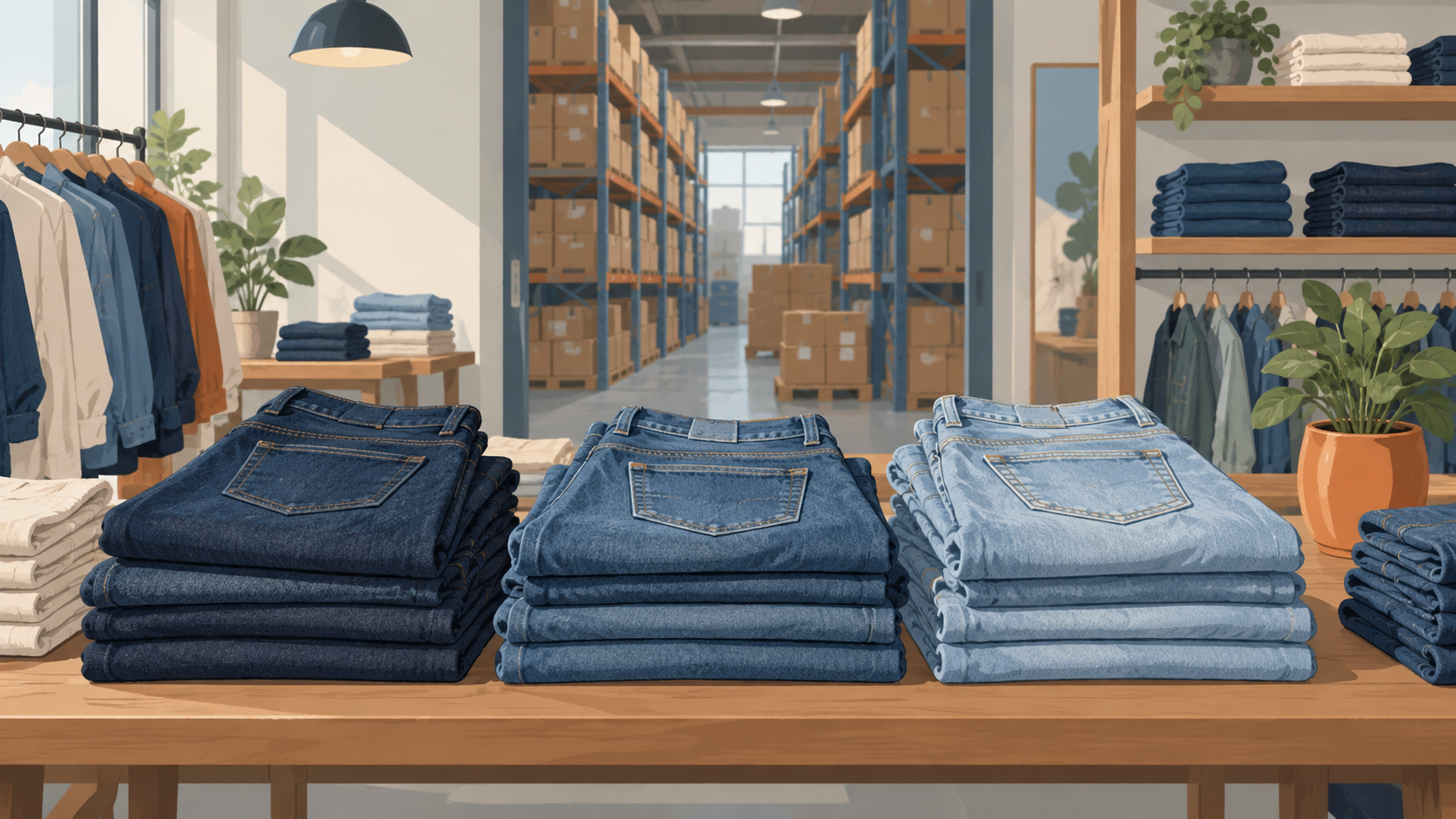 Stacks of folded blue jeans in a shop with a warehouse shelf of boxes visible behind.