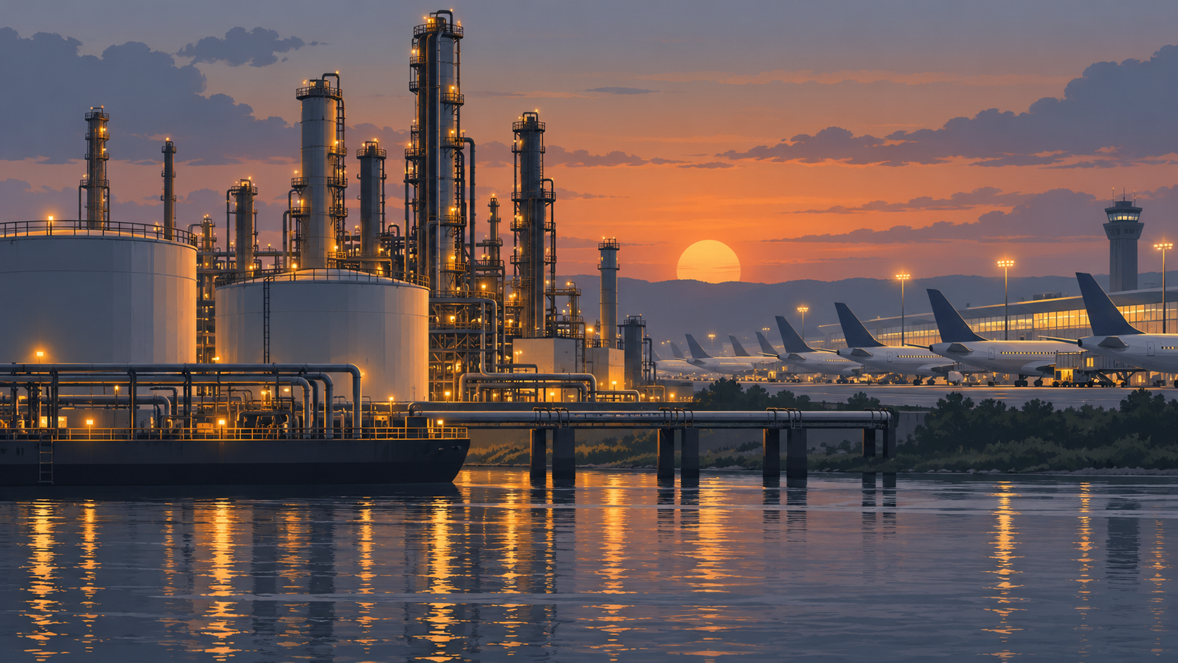 A refinery with tall towers and storage tanks at dusk, with passenger jets parked at an airport terminal in the distance.