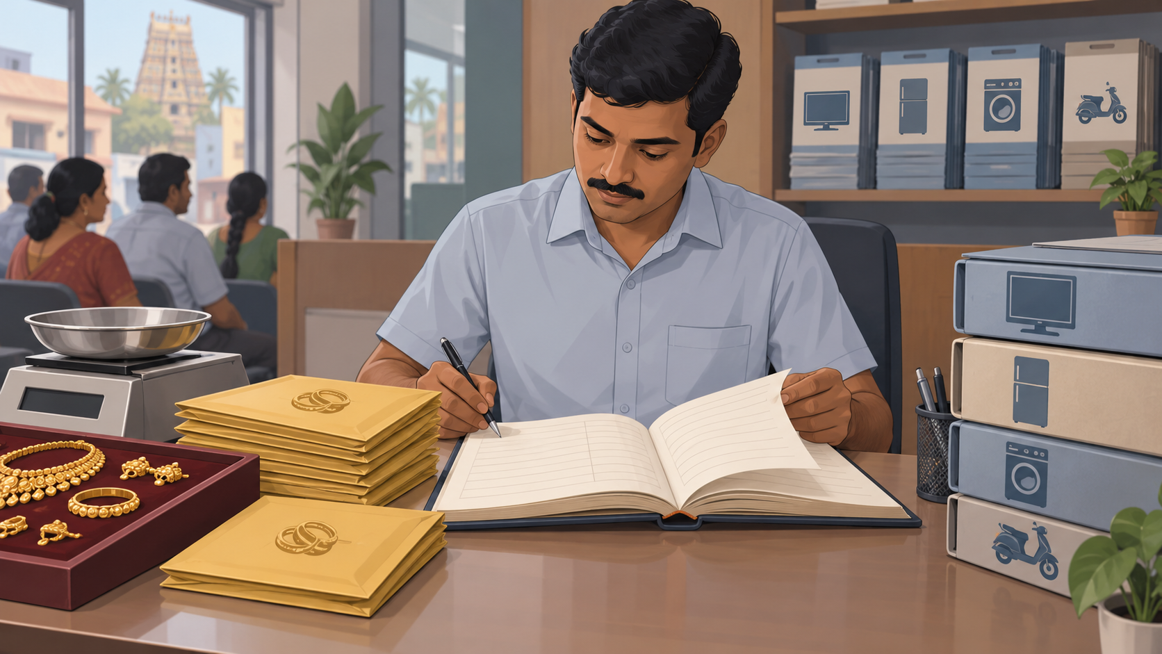 A loan officer at a branch counter reviews a repayment ledger beside gold-loan envelopes, a jewellery scale and shelves of loan files.