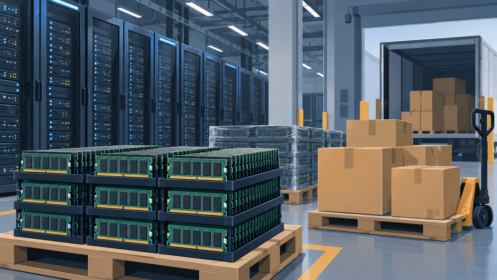 Server racks in a data hall beside a loading bay stacked with pallets of boxed memory modules.