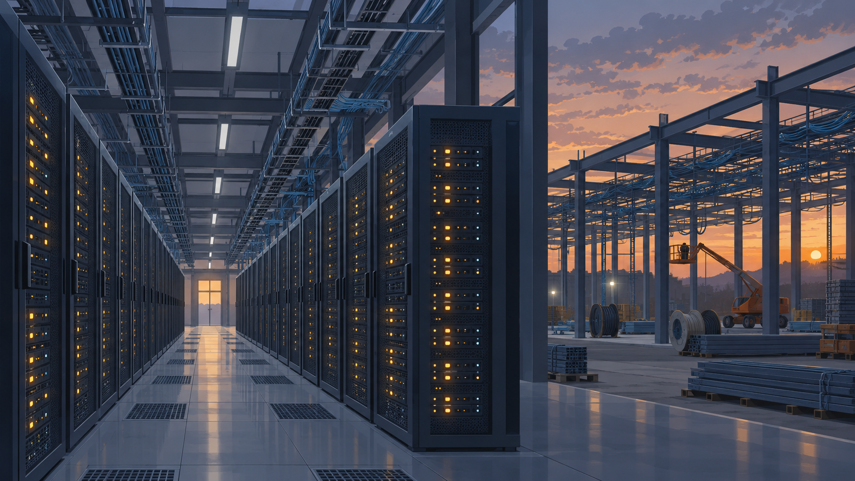 A finished hall of server racks in the foreground and an unfinished data-center building under construction behind it.