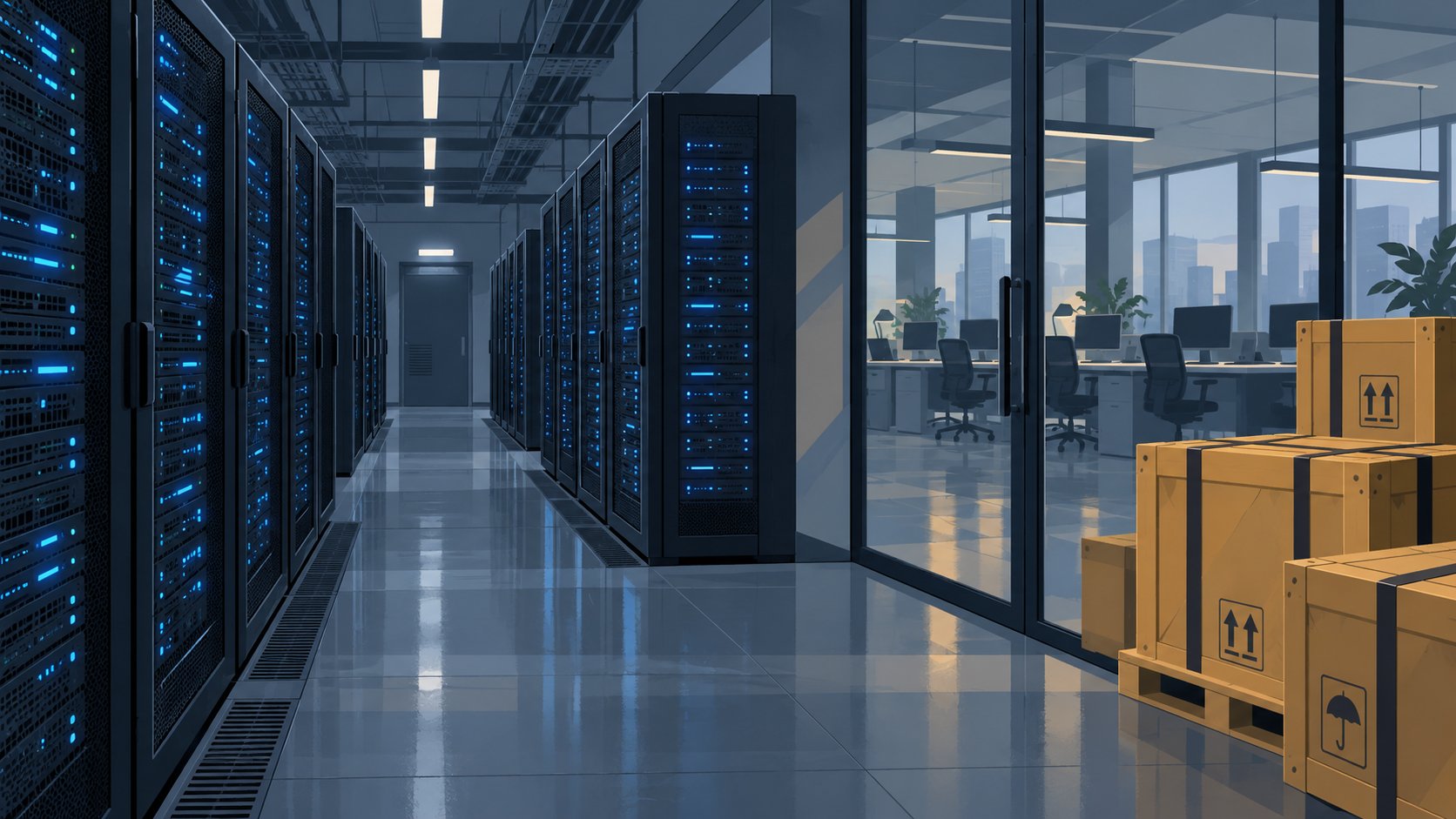 A flat illustration of a data hall of server racks with an office floor and shipping crates in the background.