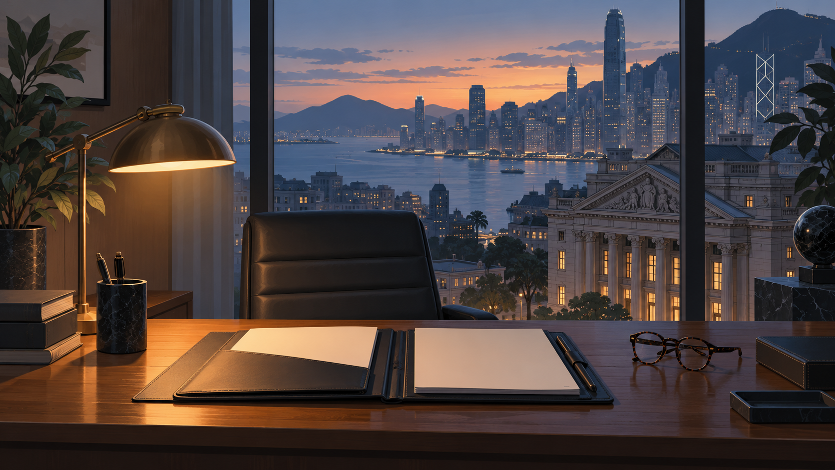 A private banker's desk with an open folder and lamp beside a window overlooking a city skyline at dusk.