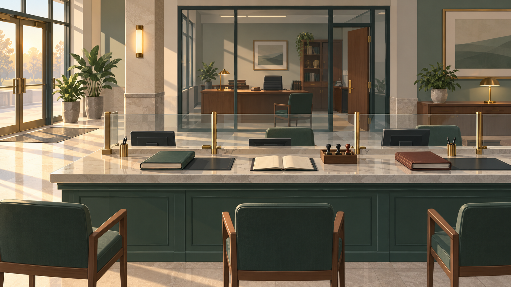 A flat illustration of an empty bank branch interior with a teller counter, ledgers and a glass-walled office.
