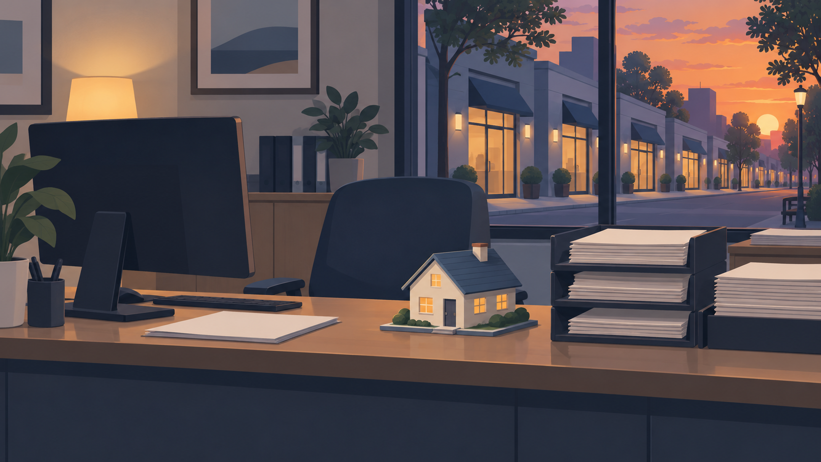 An illustration of a home-loan branch office with a desk, computer and stacked loan files.