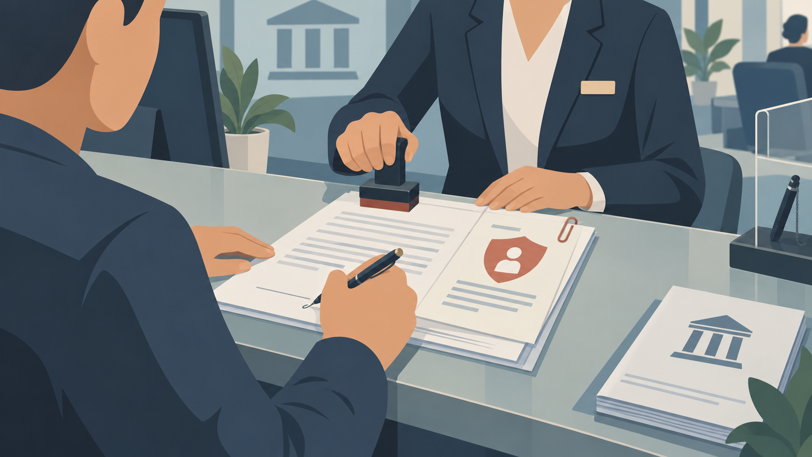 A loan officer and customer at a bank counter completing loan and insurance paperwork