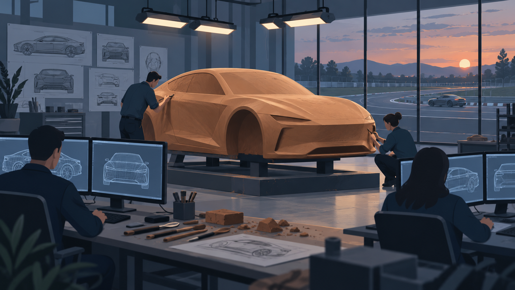 Illustration of an automotive design studio with a clay car model on a stand and engineers' desks in the foreground.