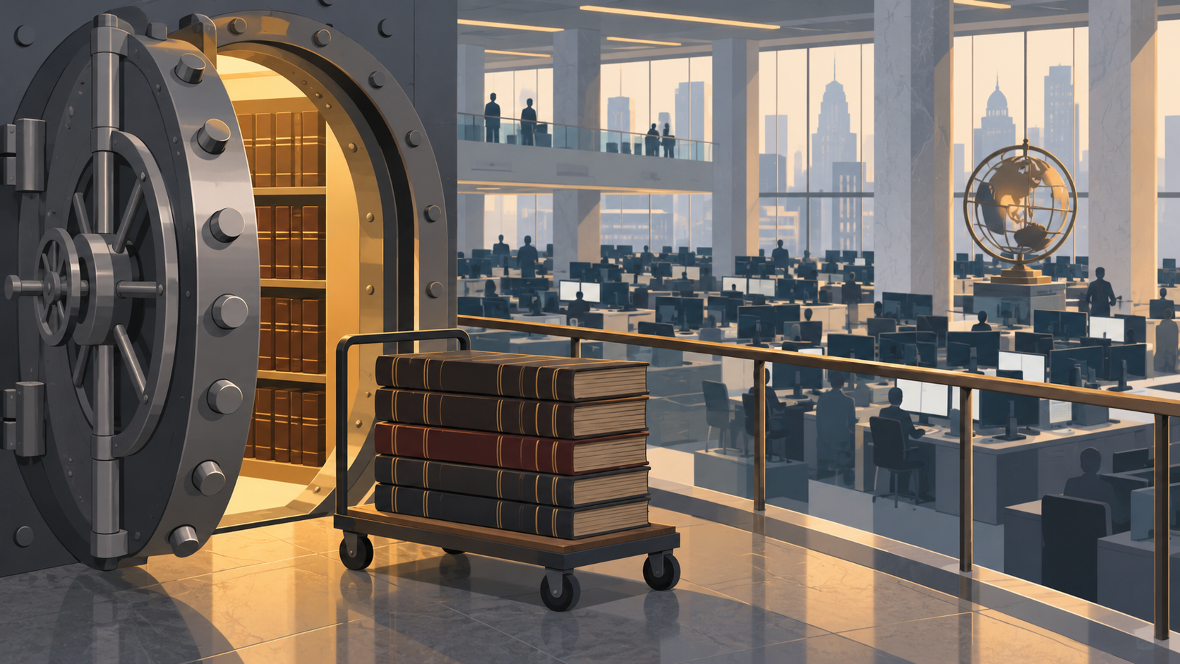 A flat illustration of a bank floor with rows of desks and an open vault door with a trolley of ledgers in the foreground.