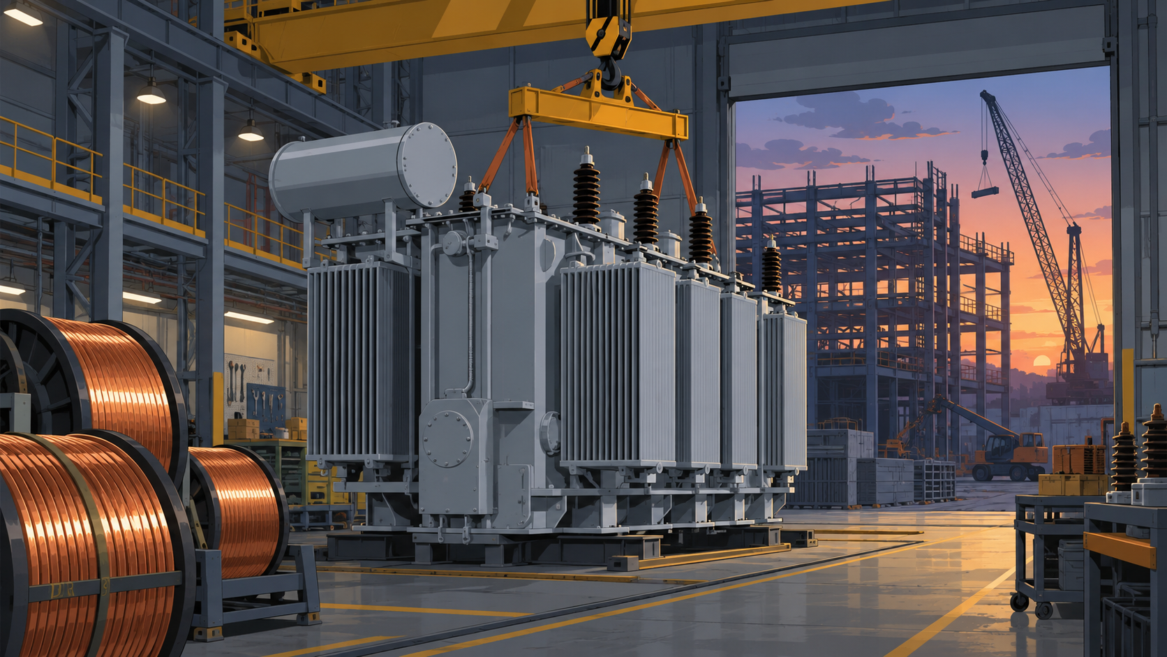 A transformer factory floor with a power transformer core under a crane and an unfinished building extension beyond the doorway.