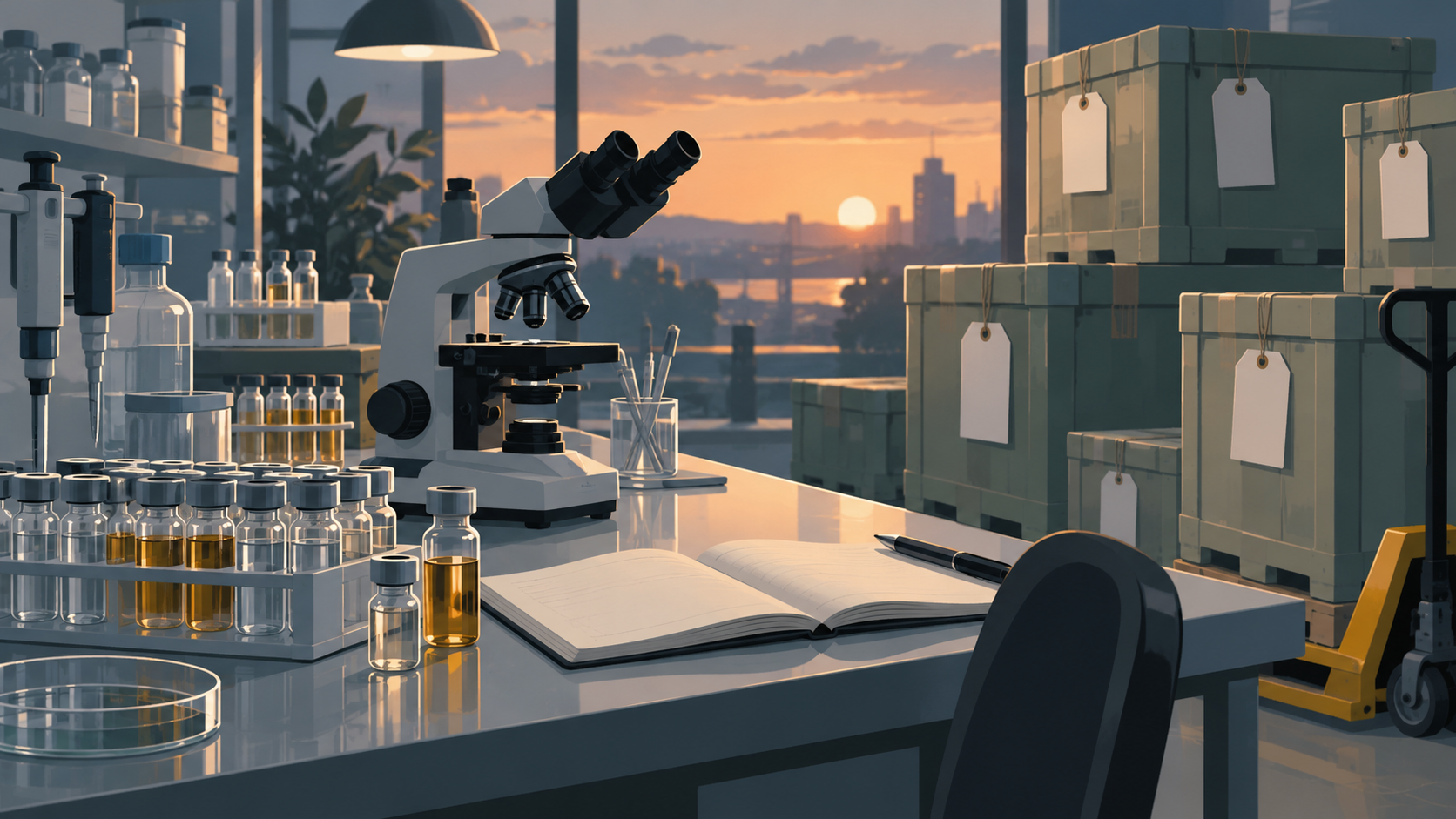 A dim research laboratory bench with vials and a microscope next to stacked sealed crates.