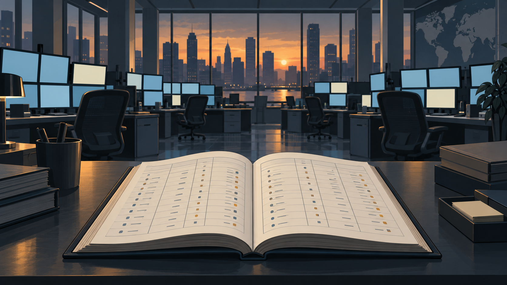 A quiet trading floor at dusk with glowing screens and an open ledger on a desk