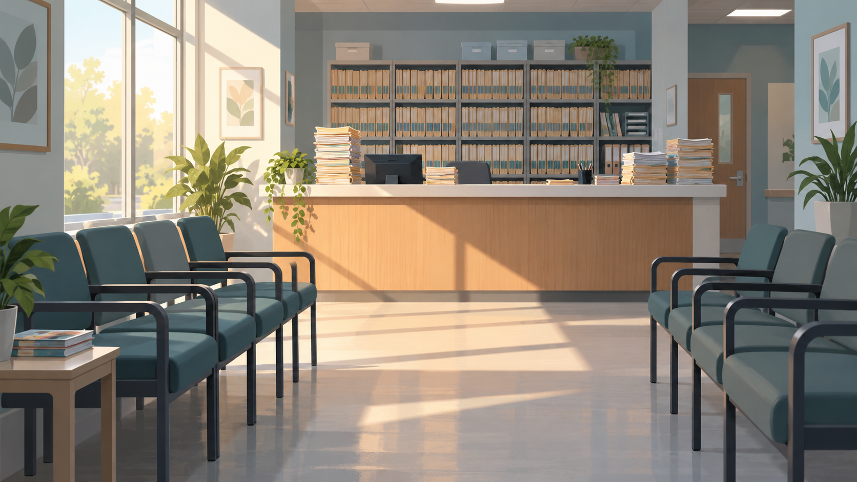 A quiet clinic waiting room with empty chairs, a reception desk piled with folders and filing shelves behind it.