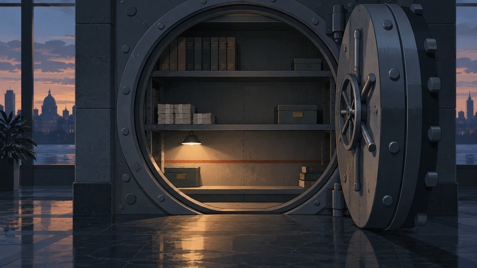 An open bank vault with partly emptied shelves and a painted line on the wall marking the lowest level.