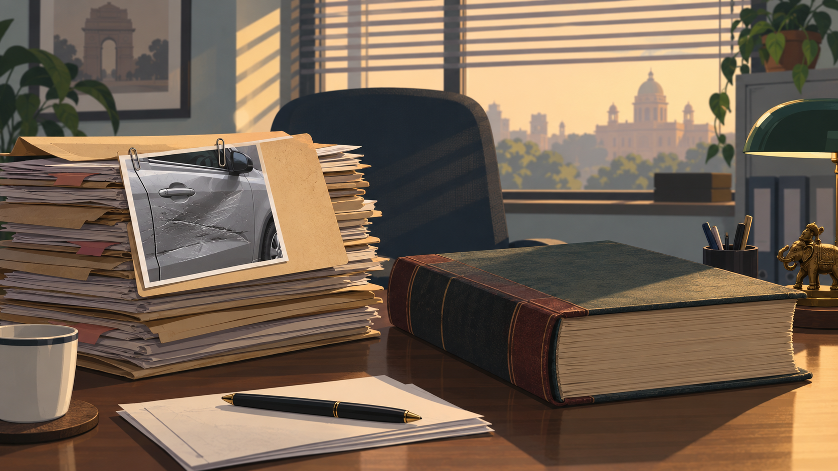 A claims desk piled with motor claim files sits next to a thick ledger of investment holdings.