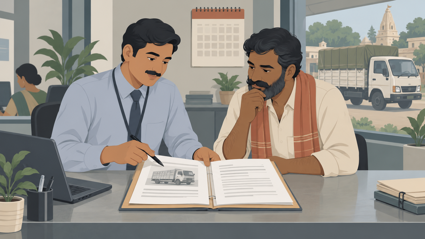 A lender's branch officer and a truck owner review a vehicle loan file across a counter