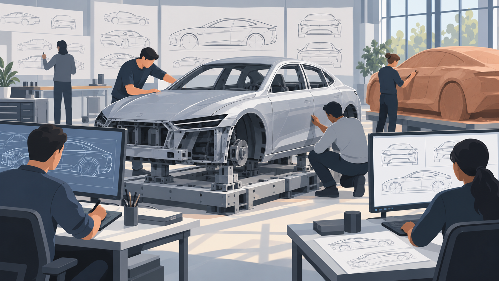 Engineers gather at workstations around a car body on a design rig in an engineering studio.