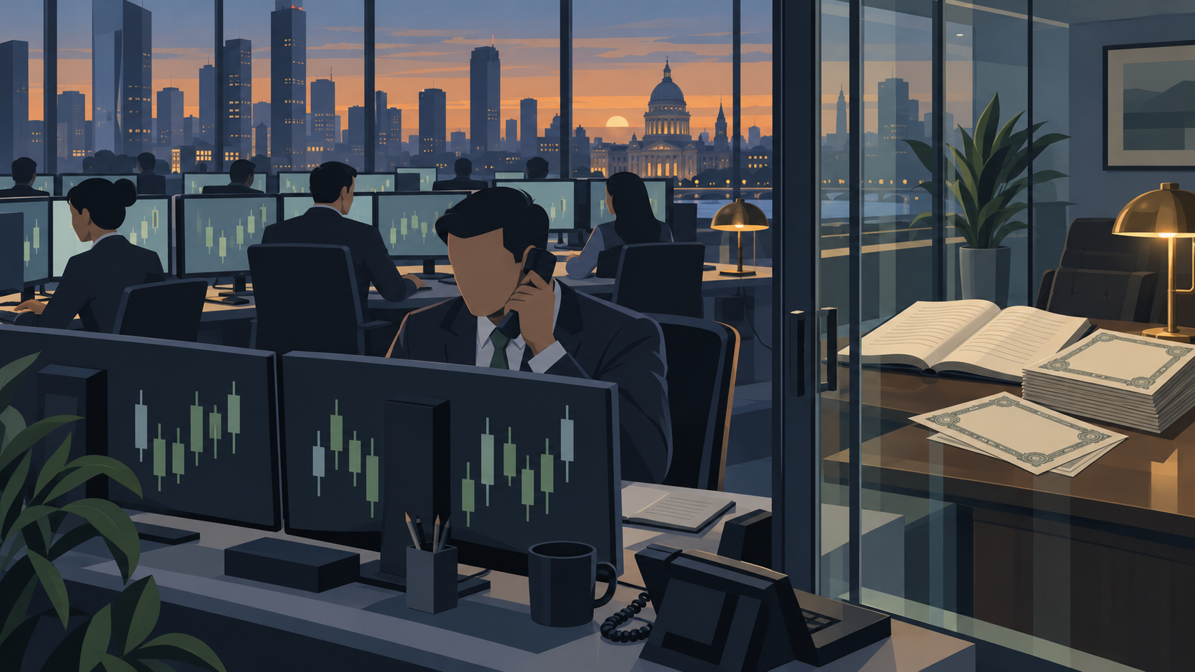An illustrated stockbroking office with traders at dual-monitor desks and a manager's cabin holding ledgers and bond certificates.